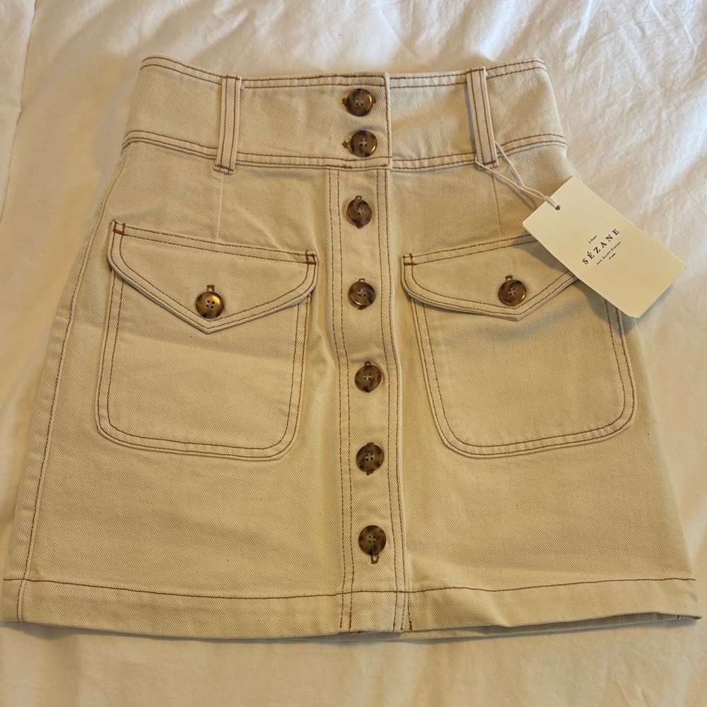 Sezane Bettie Denim Beige Button-Front Mini Skirt